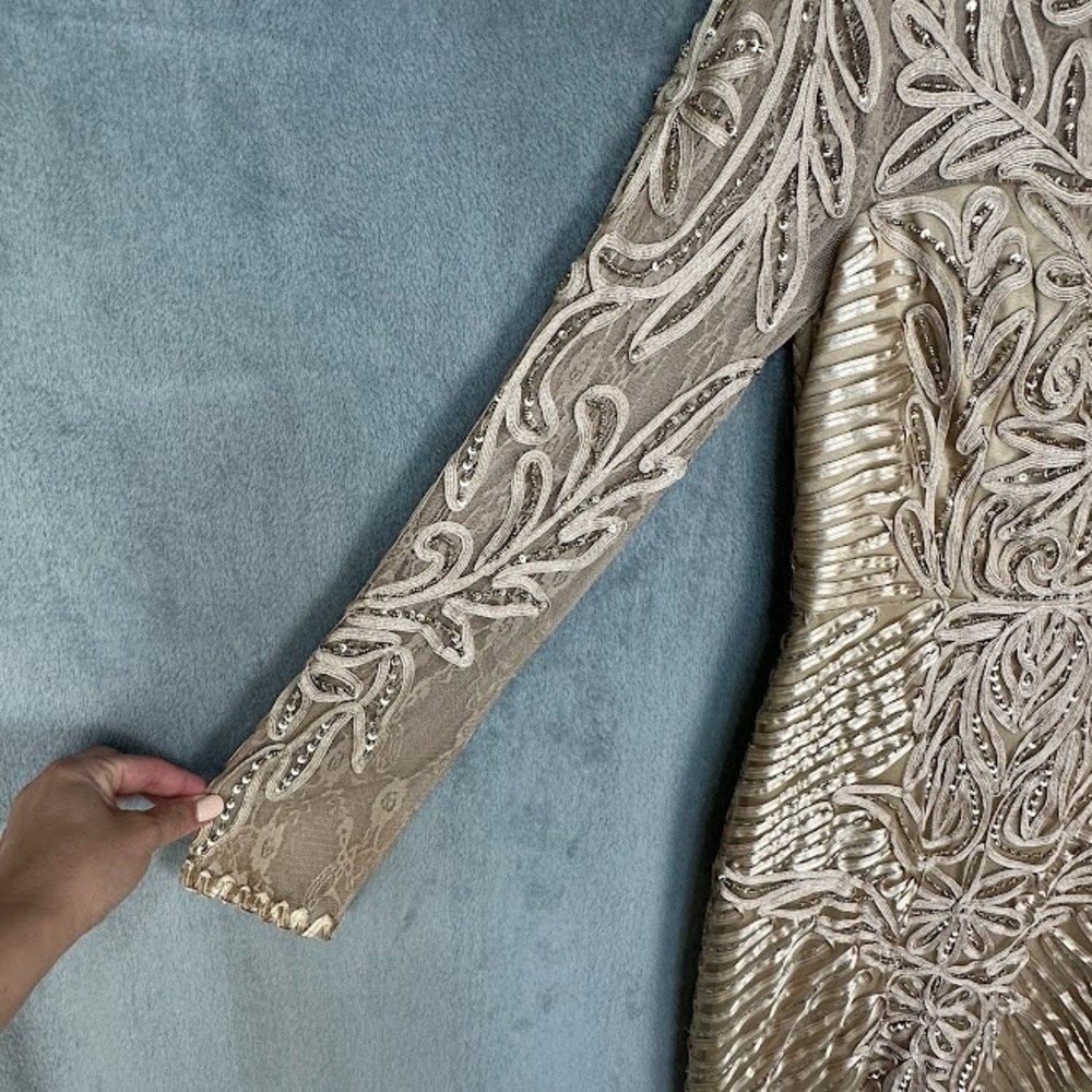 Sue Wong Dress Womens 4 Beige Beaded Long Sleeve Cocktail Wedding Guest Gala - Picture 5 of 15
